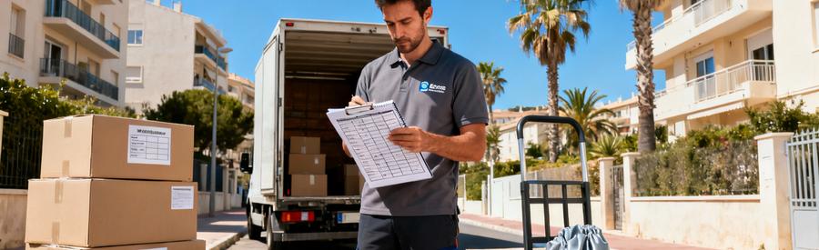 Déménageur consultant inventaire détaillé près camion, rue résidentielle Marseille, cartons étiquetés visibles