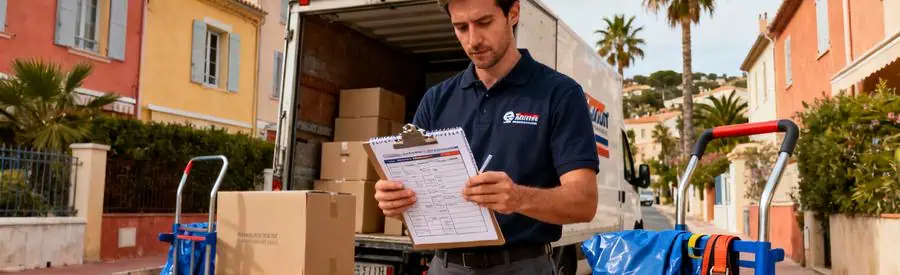 Déménageur professionnel évaluant un inventaire de prestations près d'un camion à Sanary-sur-Mer