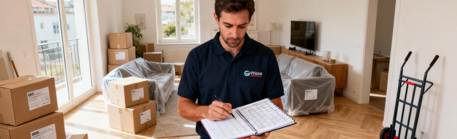 Déménageur évaluant le volume d'un appartement T2 avec cartons et meubles protégés à Vénissieux