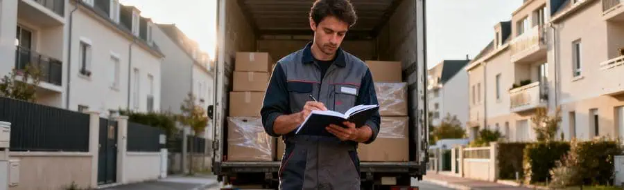 Déménageur professionnel évaluant le volume d'un déménagement à Châtellerault devant son camion