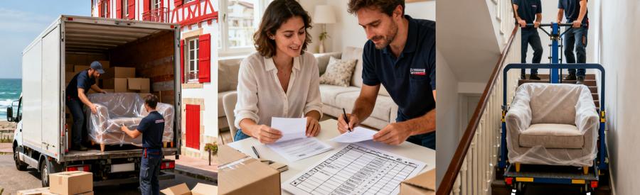 Triptyque illustrant les facteurs de tarification : chargement camion, organisation inventaire, utilisation monte-meubles