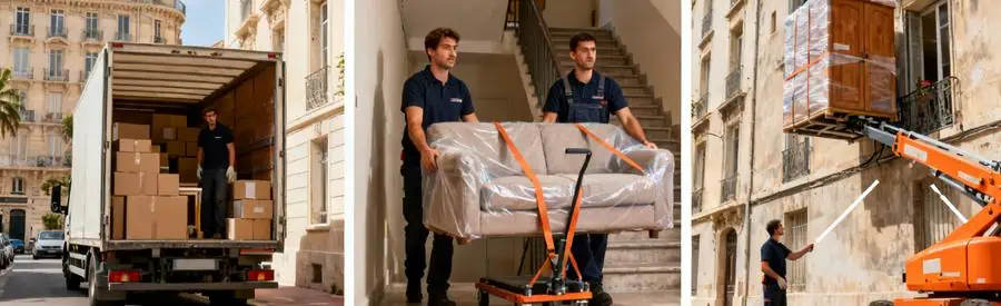 Facteurs Tarifs Demenagement Marseille 2eme Trois situations de déménagement à Marseille : chargement camion, transport escalier et utilisation monte-meubles