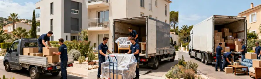 Trois scènes de déménagement à Six-Fours : studio, appartement T3 et maison familiale avec équipes adaptées