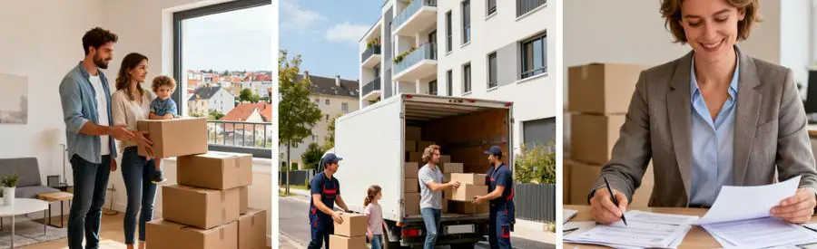 Triptyque montrant l'installation d'une famille au Grand-Quevilly : découverte logement, déménagement et choix résidentiel