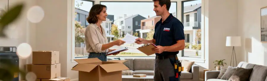 Déménageur professionnel échangeant des offres papier avec un client dans un salon à Bron