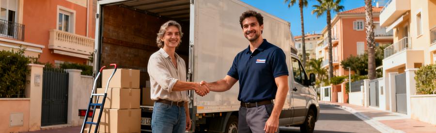 Poignée de main entre client et déménageur professionnel devant camion dans rue résidentielle niçoise