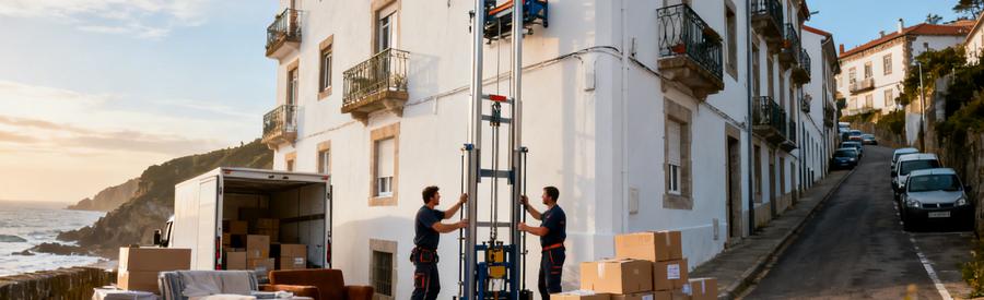 Déménageurs installant un monte-meuble devant immeuble côtier à Hendaye pour accès étages difficiles