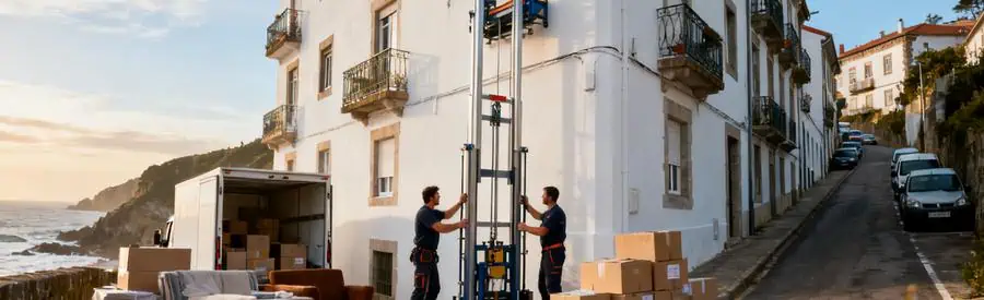 Déménageurs installant un monte-meuble devant immeuble côtier à Hendaye pour accès étages difficiles