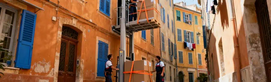 Déménageurs utilisant un monte-meuble dans une ruelle étroite du Vieux-Nice avec façades colorées