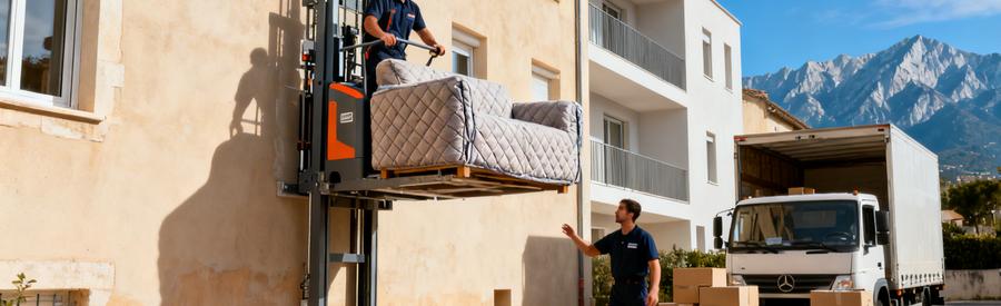 Déménageur utilisant un monte-meubles pour transporter des meubles protégés le long d'un immeuble provençal