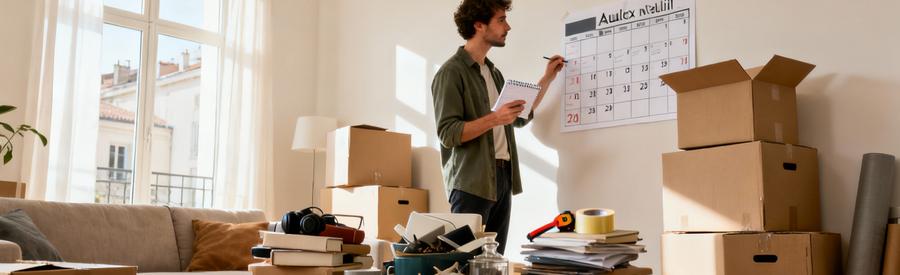 Personne organisant son déménagement à Vaulx-en-Velin avec calendrier et tri d'objets domestiques par catégories