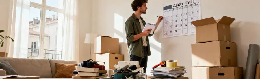 Personne organisant son déménagement à Vaulx-en-Velin avec calendrier et tri d'objets domestiques par catégories