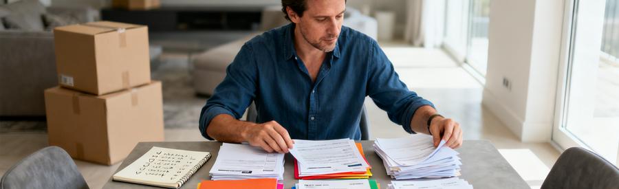 Personne organisant documents administratifs sur table pour changement adresse lors déménagement à Belfort