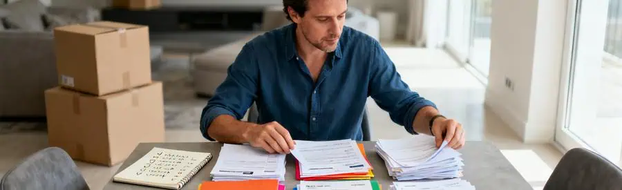 Personne organisant documents administratifs sur table pour changement adresse lors déménagement à Belfort