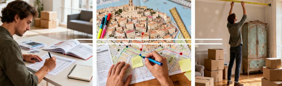 Organisation déménagement centre historique : formulaire, plan quartier et prise mesures meubles volumineux