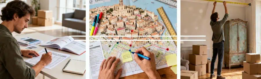 Organisation déménagement centre historique : formulaire, plan quartier et prise mesures meubles volumineux