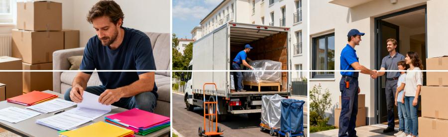 Triptyque illustrant organisation, chargement et arrivée lors d'un déménagement au Grand-Quevilly vers Rouen