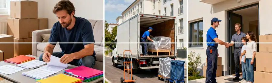 Triptyque illustrant organisation, chargement et arrivée lors d'un déménagement au Grand-Quevilly vers Rouen