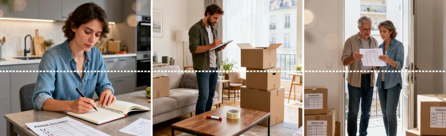 Triptyque montrant les étapes d'organisation d'un déménagement à Pau : planification, inventaire et coordination
