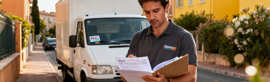 Déménageur vérifiant documents administratifs devant camion stationné dans rue résidentielle PACA
