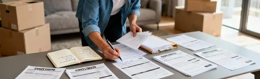 Personne comparant plusieurs offres de déménagement sur documents papier dans salon à Caluire-et-Cuire