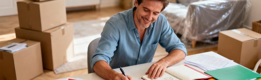 Personne organisant documents et notes pour préparer son déménagement à Vaulx-en-Velin