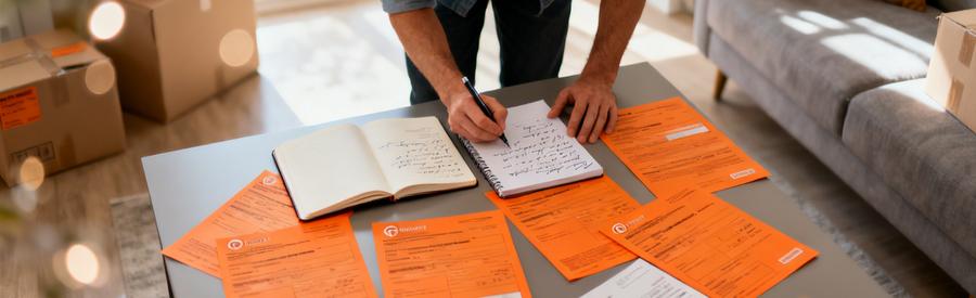 Personne organisant documents Orange pour transfert abonnement internet lors de son déménagement résidentiel