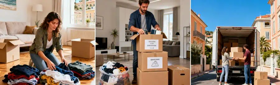 Triptyque organisation déménagement Nice : tri affaires, emballage sélectif, chargement optimisé camion