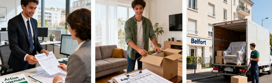 Triptyque illustrant démarches aide financière déménagement : conseil RH, organisation cartons, chargement camion Belfort