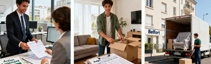 Triptyque illustrant démarches aide financière déménagement : conseil RH, organisation cartons, chargement camion Belfort