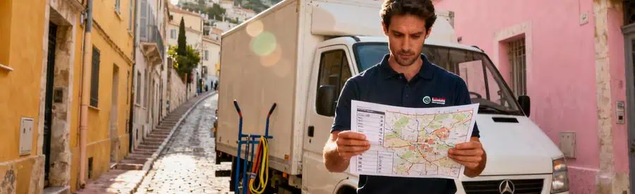 Déménageur consultant plan d'itinéraire dans ruelle étroite du Panier à Marseille pour organiser transport