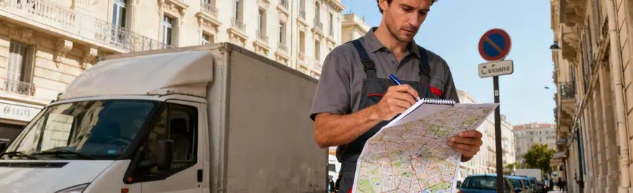 Déménageur consultant un plan de ville devant son camion dans une rue marseillaise pour planifier le stationnement