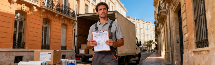Déménageur organisant inventaire devant immeuble historique du centre de Marseille avec planning anticipé
