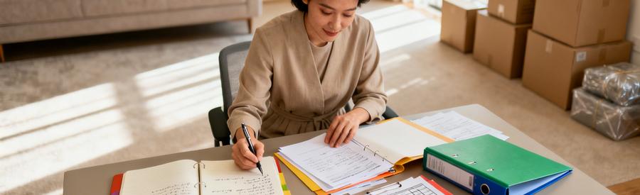 Personne organisant documents et inventaire pour préparer sa demande de déménagement dans les Alpes-de-Haute-Provence