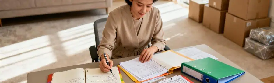 Personne organisant documents et inventaire pour préparer sa demande de déménagement dans les Alpes-de-Haute-Provence