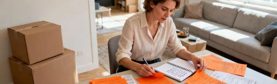 Personne organisant documents et contrat Orange avant transfert abonnement internet lors d'un déménagement