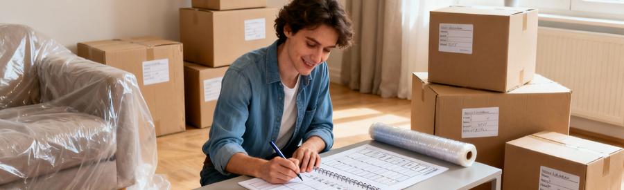 Personne préparant son déménagement à Vénissieux avec inventaire détaillé et cartons organisés dans salon