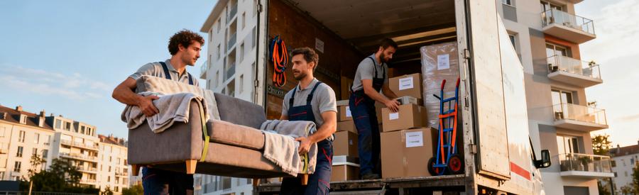 Déménageurs chargeant mobilier et cartons variés dans camion, illustrant diversité prestations résidentielles Pau