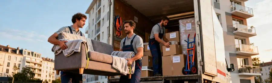 Déménageurs chargeant mobilier et cartons variés dans camion, illustrant diversité prestations résidentielles Pau