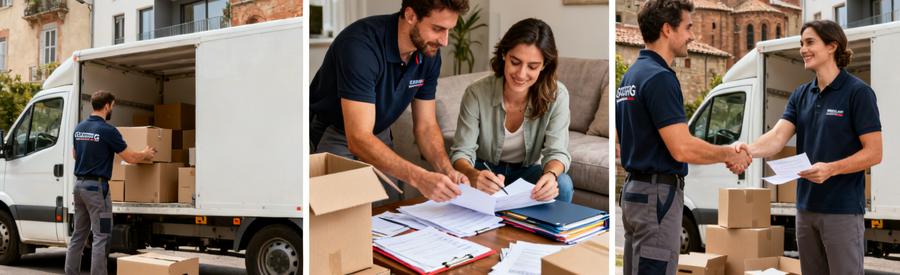 Processus Comparaison Offres Demenagement Albi Tarn Triptyque illustrant processus comparaison offres déménagement à Albi : chargement camion, consultation documents, accord