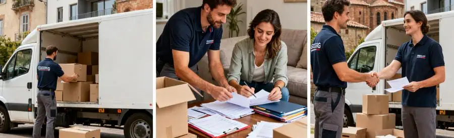 Triptyque illustrant processus comparaison offres déménagement à Albi : chargement camion, consultation documents, accord