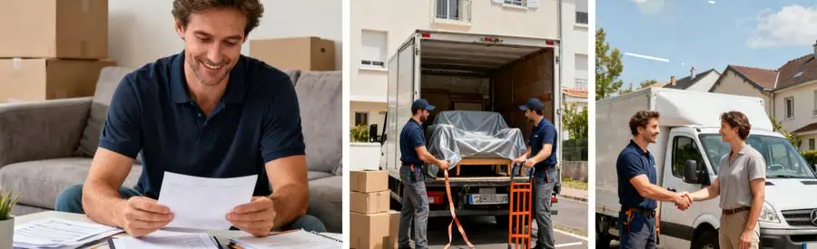 Triptyque illustrant comparaison offres, chargement professionnel et sélection déménageur à Châtellerault