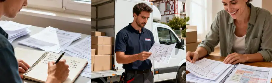 Processus Comparaison Offres Demenagement Saint Jean De Luz Triptyque montrant les 3 étapes pour comparer les offres de déménagement à Saint-Jean-de-Luz