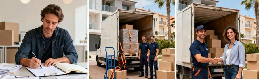 Processus Comparaison Offres Demenageurs Frejus Triptyque illustrant le processus de comparaison d'offres de déménageurs à Fréjus, de la demande à la sélection