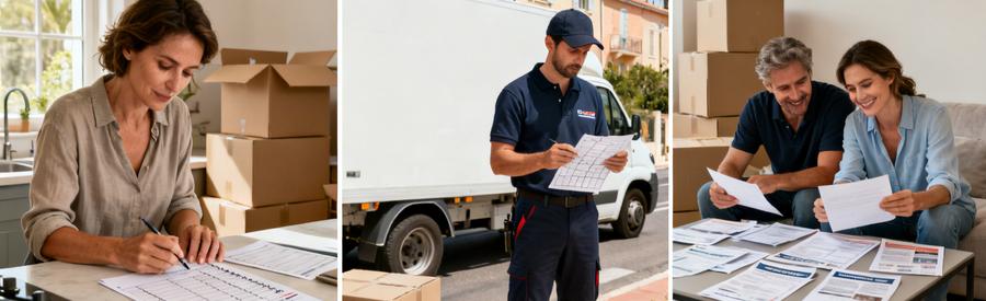 Triptyque illustrant les étapes de comparaison d'offres de déménageurs à Fréjus : organisation, consultation, choix