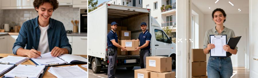 Triptyque illustrant comparaison offres, chargement professionnel et installation réussie pour déménagement à Mâcon