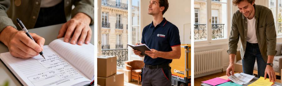 Triptyque illustrant les 3 étapes pour obtenir des offres de déménagement à Lyon 8ème en 24h