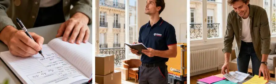 Processus Demande Offres Demenagement Lyon 8eme Triptyque illustrant les 3 étapes pour obtenir des offres de déménagement à Lyon 8ème en 24h