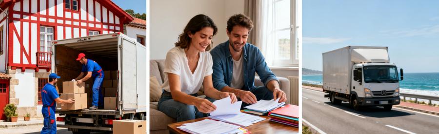 Triptyque illustrant le processus de déménagement à Hendaye : chargement, organisation et transport Pays Basque