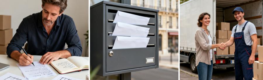 Triptyque montrant les 3 étapes de mise en relation avec des déménageurs à Lyon : préparation, réception offres, rencontre